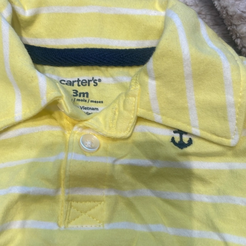 🩷 3/$18 Carter's Yellow Striped Polo with Navy Anchor set blue shorts - Picture 2 of 4